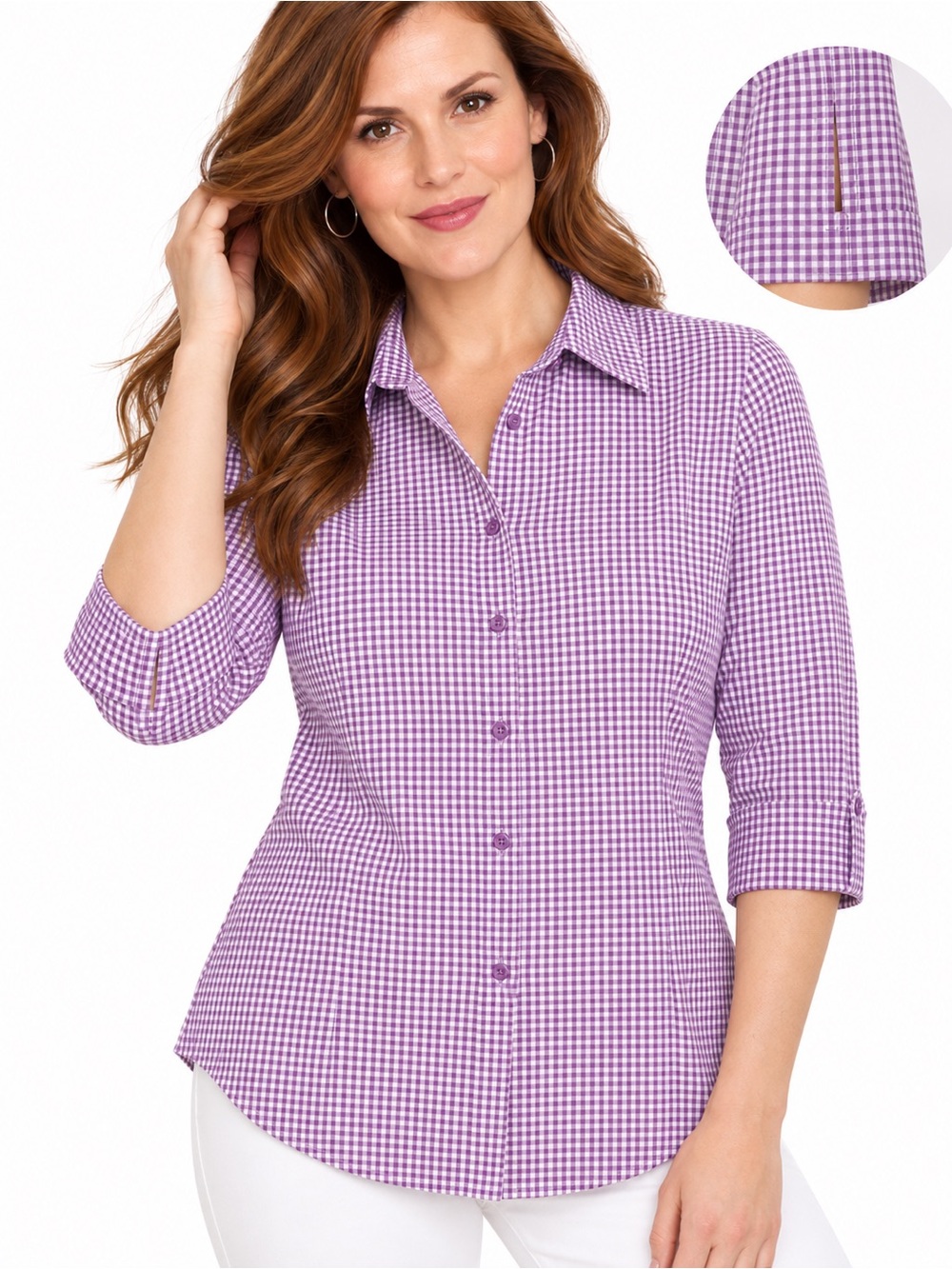 NWT stretch poplin gingham blouse 3/4 sleeve